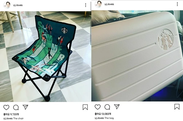 정용진 신세계그룹 부회장이 지난 6일 인스타그램에 올린 스타벅스 서머레디백 사은품 그린체어(왼쪽)과 핑크백(오른쪽) 사진. / 사진=인스타그램