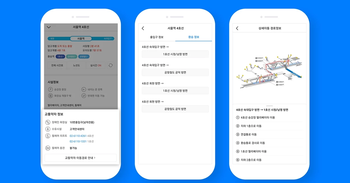 카카오는 국토교통부, 행정안전부와 손잡고 모바일 지도앱 카카오맵에서 전국 도시철도 1107개 역사의 교통약자 이동 및 환승 경로, 편의·안전시설 정보를 제공한다고 8일 밝혔다.