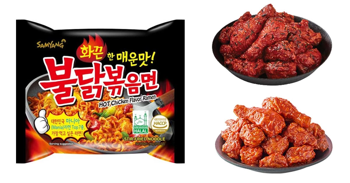 불닭볶음면(왼쪽·삼양식품 제공) 인기에 힘입어 폭발적인 판매고를 기록하고 있는 불닭치킨·까르보불닭치킨(멕시키나 제공).