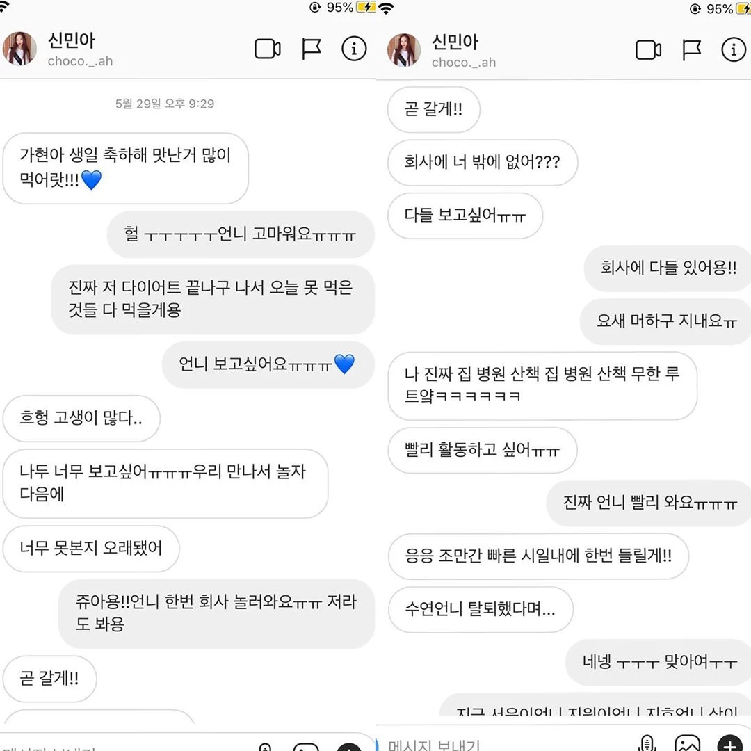남가현이 인스타그램에 올린 신민아와 주고받은 다이렉트메시지 캡처본