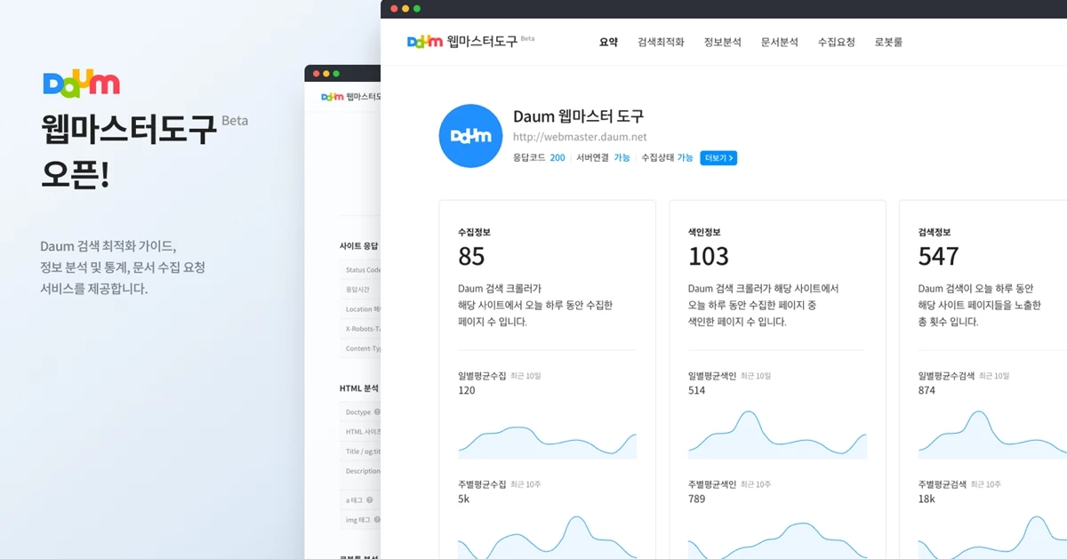 카카오는 웹사이트 및 문서의 다양한 통계를 살펴보고 다음(Daum) 검색에 최적화할 수 있는 기능을 제공하는 ‘Daum 웹마스터 도구 Beta’ 서비스를 오픈했다고 4일 밝혔다