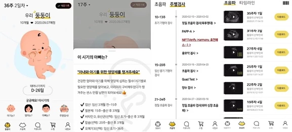 왼쪽부터 마미톡 서비스 첫 화면, 아빠를 위한 정보 화면, 필수 검사 화면, 초음파 영상 앨범 화면