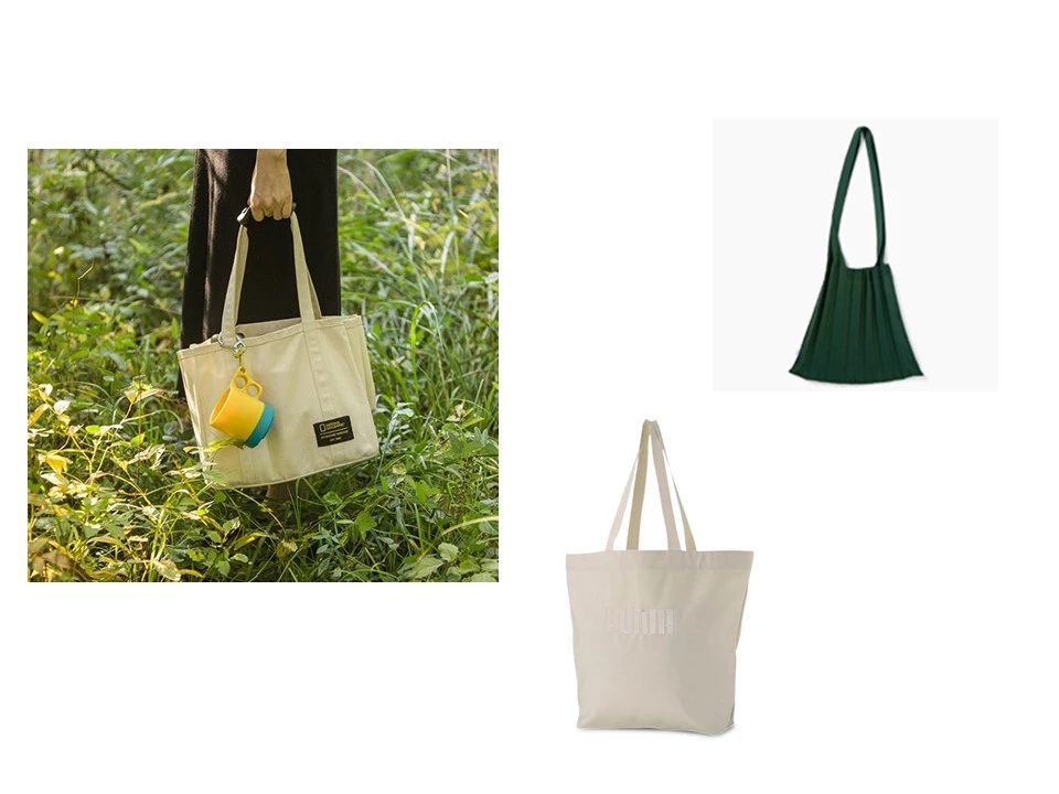 (왼쪽부터) 내셔널지오그래픽 어패럴_카리아 토트백 / 푸마_Challenger Bye Dye Tote / 29에디션_PLEATS MAMA CROSS BAG