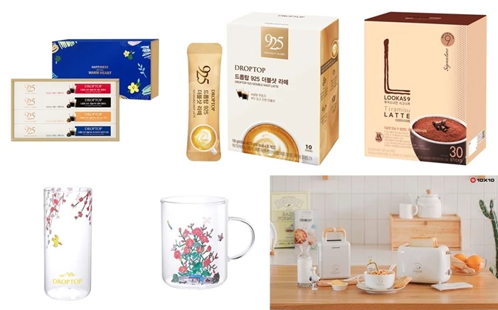 (왼쪽 위부터 시계 방향으로) 드롭탑 캡슐 커피 4종세트, 드롭탑 925 더블샷 라떼, 남양유업 루카스나인 티라미수 라떼, 텐바이텐 스누피 키친 라인, 드롭탑 MD 유리컵 2종. / 사진=각 사 제공