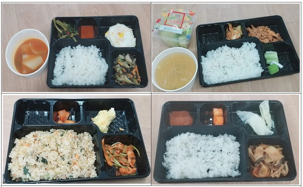 추석 연휴 기간 격리대상자들에게 제공된 식사. 오른쪽 하단이 추석 당일 점심 도시락이다 / 군인권센터 제공