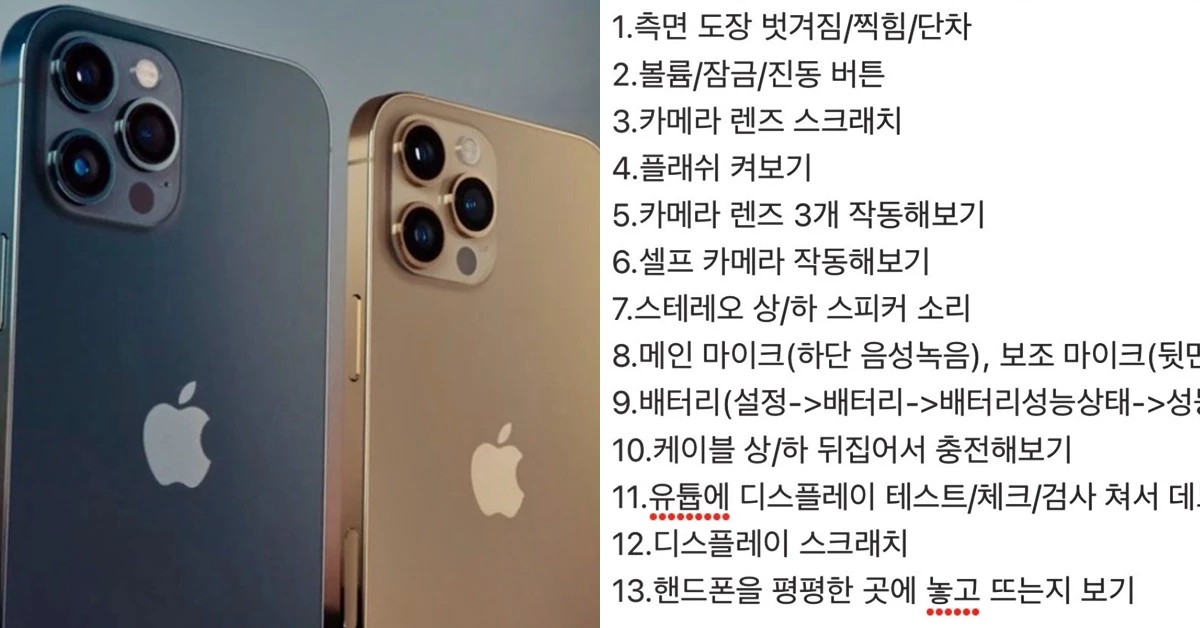 아이폰12 외관(왼쪽)과 구입 시 우선 점검 목록. /사진=애플, 네이버 카페