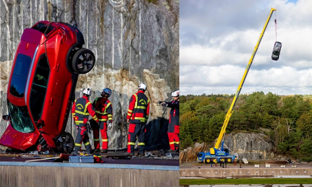 볼보자동차가 30m 높이 크레인에서 신차 10대를 떨어뜨리는 낙하 실험을 진행했다. / 볼보자동차 제공