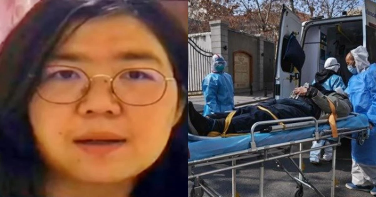 시민기자 장잔(왼쪽)과 후베이성 우한의 한 아파트에서 의료진이 의심환자를 이송하고 있는 모습. /WION 유튜브 채널, AFP뉴스1