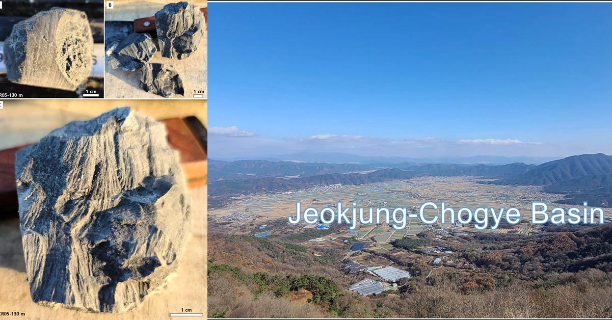 운석충돌 시 발생하는 강력한 충격파 영향으로 만들어지는 shatter cone 구조 (정점에서 방사상으로 홈이 나 있는 운석충돌 원뿔구조)