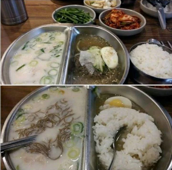 곰탕에 냉면 사리, 냉면 육수에 밥을 넣은 모습. /루리웹