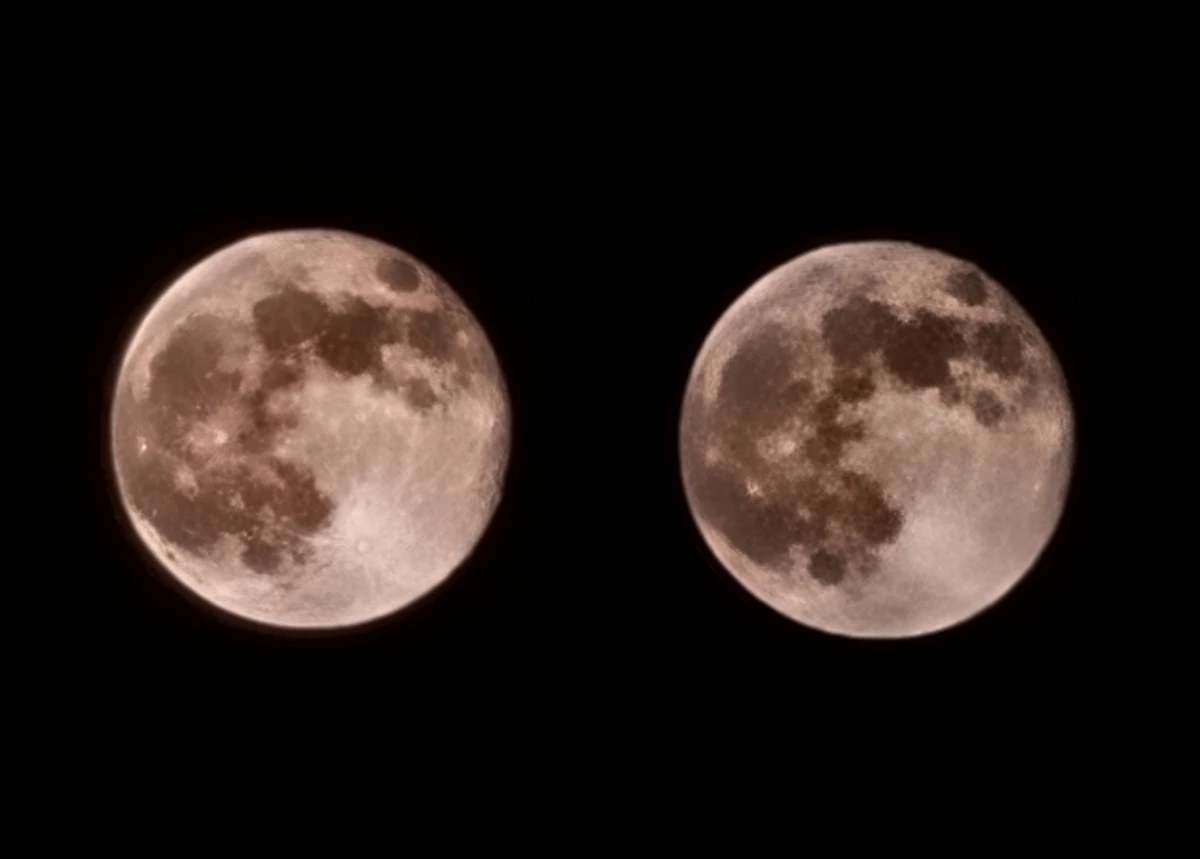 정보기술(IT) 커뮤니티 미니기기코리아의 한 회원이 ‘갤럭시S21 플러스’ 30배 줌 기능으로 촬영한 달 사진. 위의 사진을 촬영한 뒤 오른쪽 사진을 180도 돌렸을 때 좌우 결과물이 다르게 나타났다고 주장했다. /미니기기코리아