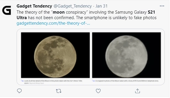 갤럭시 S21U로 찍은 달(왼쪽)과 DSLR(소니 A7R III)로 찍은 달의 모습/트위터