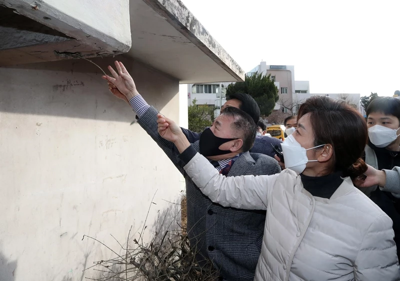 서울시장 보궐선거에 출마한 나경원 국민의힘 전 의원이 지난달 27일 서울 강남구 은마아파트를 찾아 이정돈 은마아파트 주택재건축정비사업조합설립추진위원장으로부터 설명을 듣고 있다. / 뉴스1