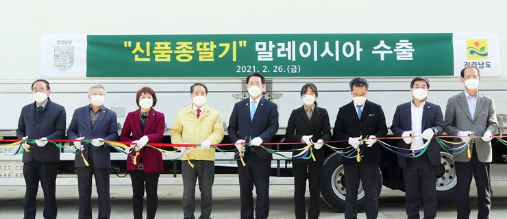 김영록 전라남도지사와 최형식 담양군수 등 참석자들이 26일 오후담양군 월산면 중월리 스마트베리팜에서 열린 프리미엄시장 개척 신품종 딸기 말레이시아 수출 상차식에서 테이프를 자르고 있다.   / 전남도