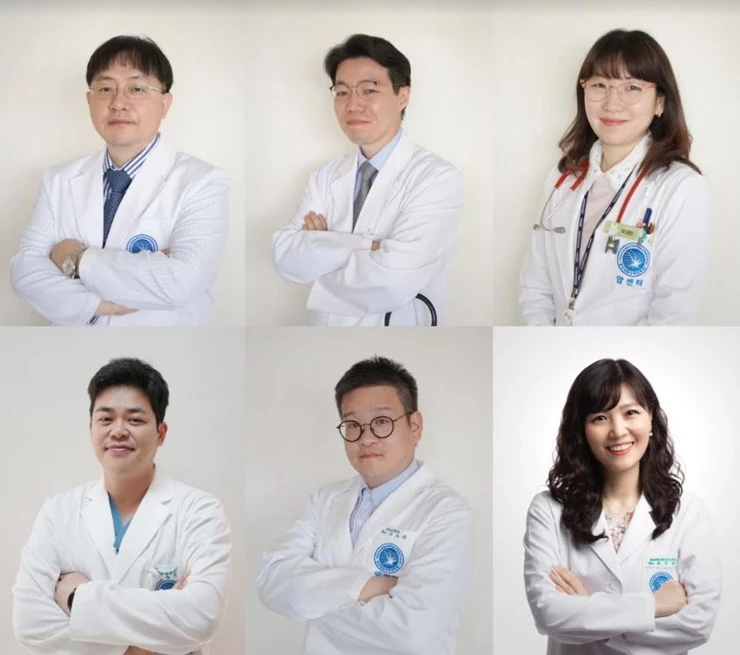 왼쪽 상단부터 호흡기내과 조진훈 과장, 소아청소년과 김형영 박경미 과장, 왼쪽 하단부터 대장항문외과 송인호 과장, 비뇨의학과 구자윤 과장, 심수정 전문의 / 사진제공=동남권원자력의학원