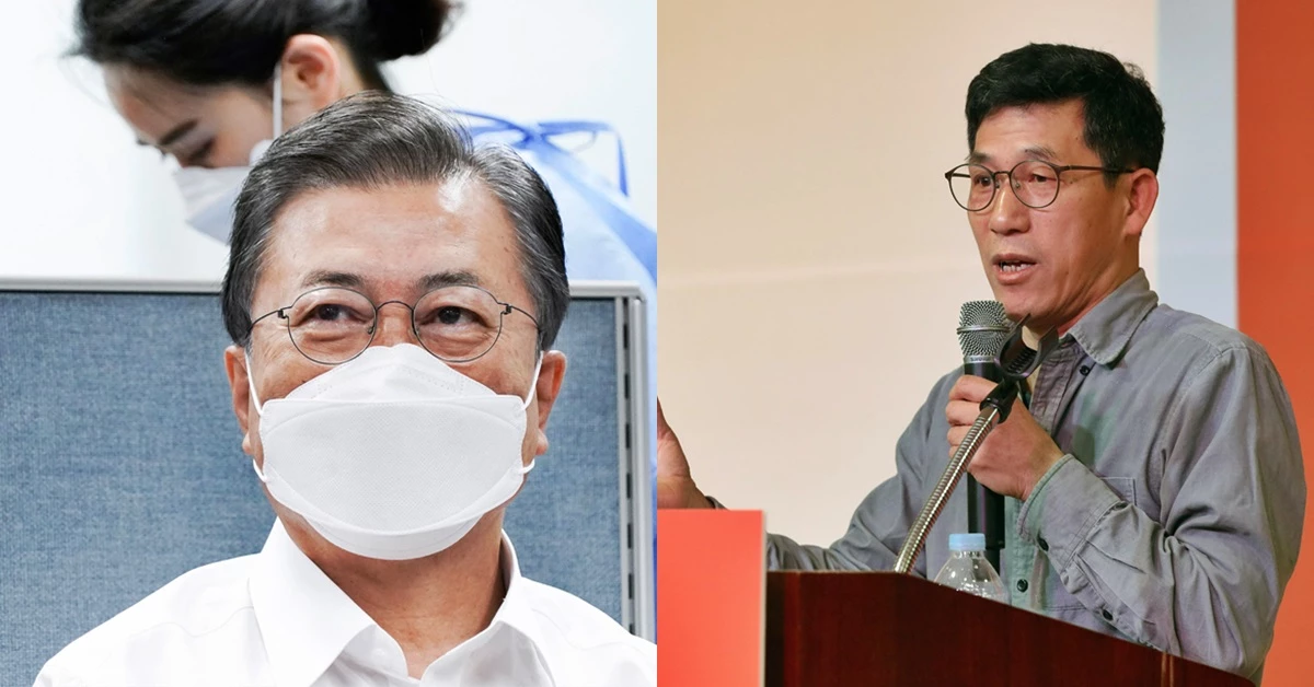 지난 23일 서울 종로구보건소에서 코로나19 예방을 위한 아스트라제네카(AZ)사의 백신 접종을 기다리고 있는 문재인 대통령(좌)과 진중권 전 동양대 교수. /뉴스1