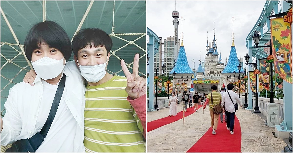 배우 오정세(오른쪽)가 롯데월드에서 발달장애인 배범준 씨와 특별한 추억을 만들었다 / 이하 사연 주인공 가족 제공