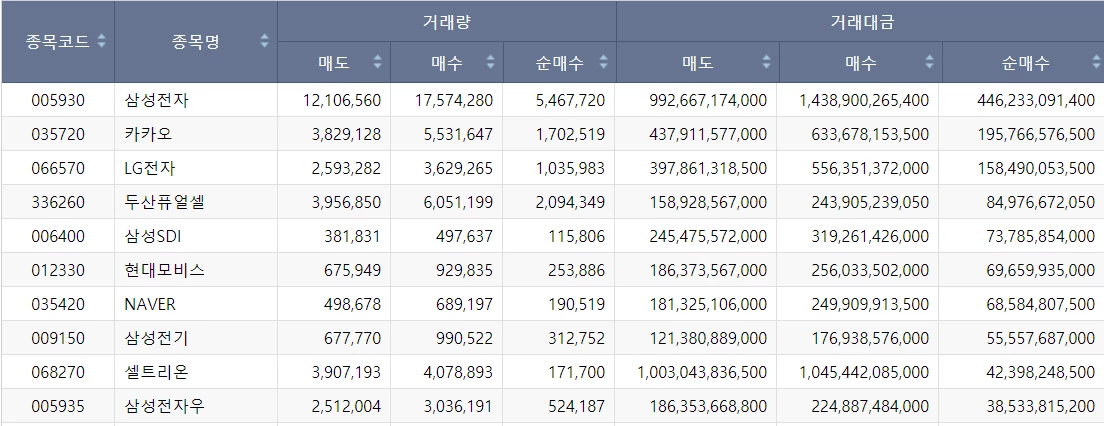 주간 코스피 개인 순매수 상위종목 / 한국거래소