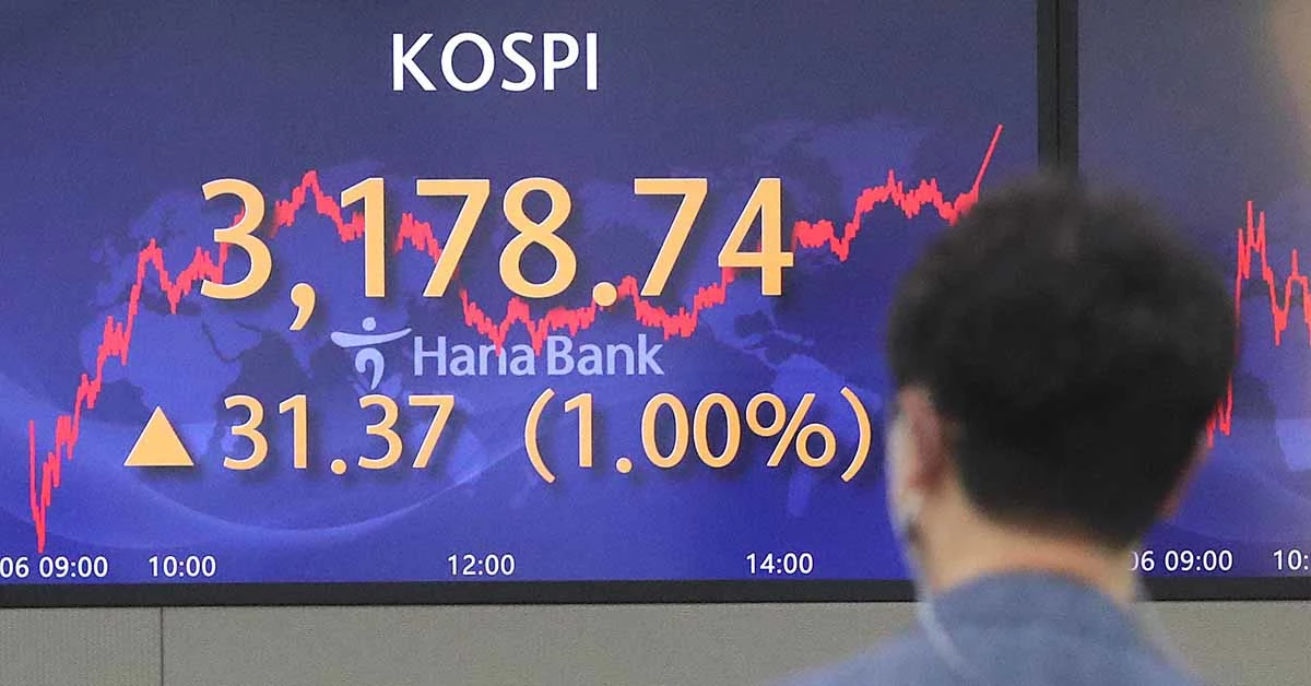 6일 오후 서울 중구 하나은행 명동점 딜링룸 전광판에 코스피지수가 전 거래일 대비 31.37포인트(1%) 오른 3178.74를 나타내고 있다. 이날 코스닥은 2.79포인트(0.29%) 오른 969.99, 원달러 환율은 3.20원 오른 1125.80원에 장을 마쳤다. / 뉴스1