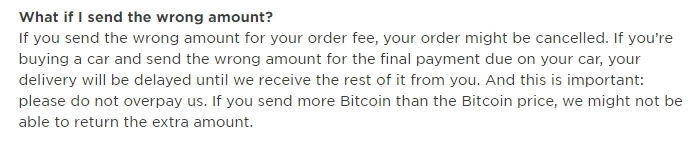 비트코인 구매지원 항목 중 '잘못된 금액을 보내면 어떻게 됩니까?'라는 질문과 이에 대한 테슬라 측 답변. /공식 홈페이지