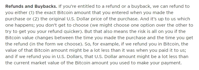 비트코인으로 차량 구매 후 환불 조항. 비트코인 시세에 따라 지불 수단이 다를 수도 있다는 내용이 담겼다.