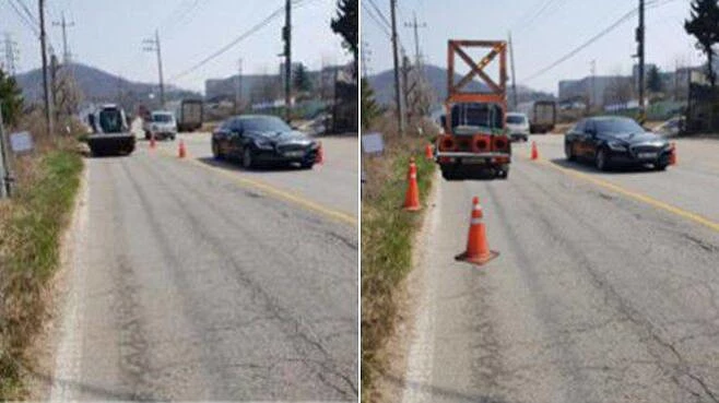 교통통제를 하는 것처럼 포토샵으로 조작한 사진. 왼쪽이 원본, 오른쪽이 포토샵을 통해 합성한 사진이다 / 경기도