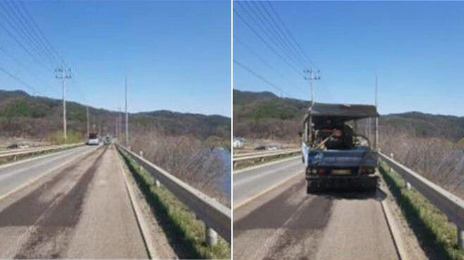 장비를 투입해 시공하는 것처럼 포토샵으로 조작한 사진. 왼쪽이 원본, 오른쪽이 포토샵을 통해 합성한 사진이다 / 경기도