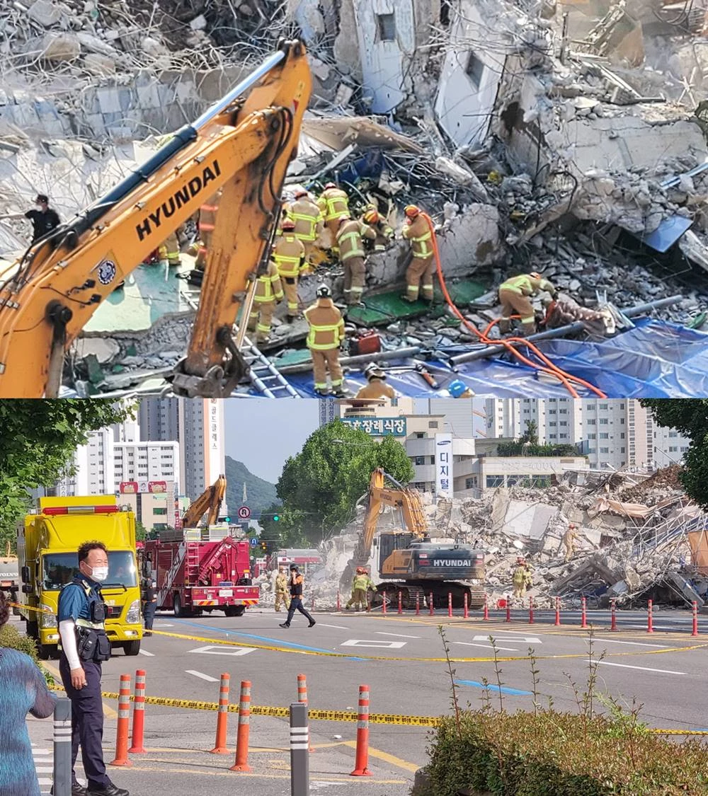 9일 오후 4시 22분경 광주 동구 학동 재개발지역에서 철거 중이던 건물 1동이 무너져 도로를 달리던 시내버스와 승용차 2대를 덮친 가운데 119 구조대가 사고 현장에서 구조 작업을 벌이고 있다. /뉴스1