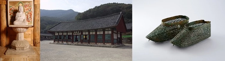 왼쪽부터 선운사참당암 석조지장보살좌상, 선운사 만세루, 봉덕리 1호분 출토 금동신발 / 고창군
