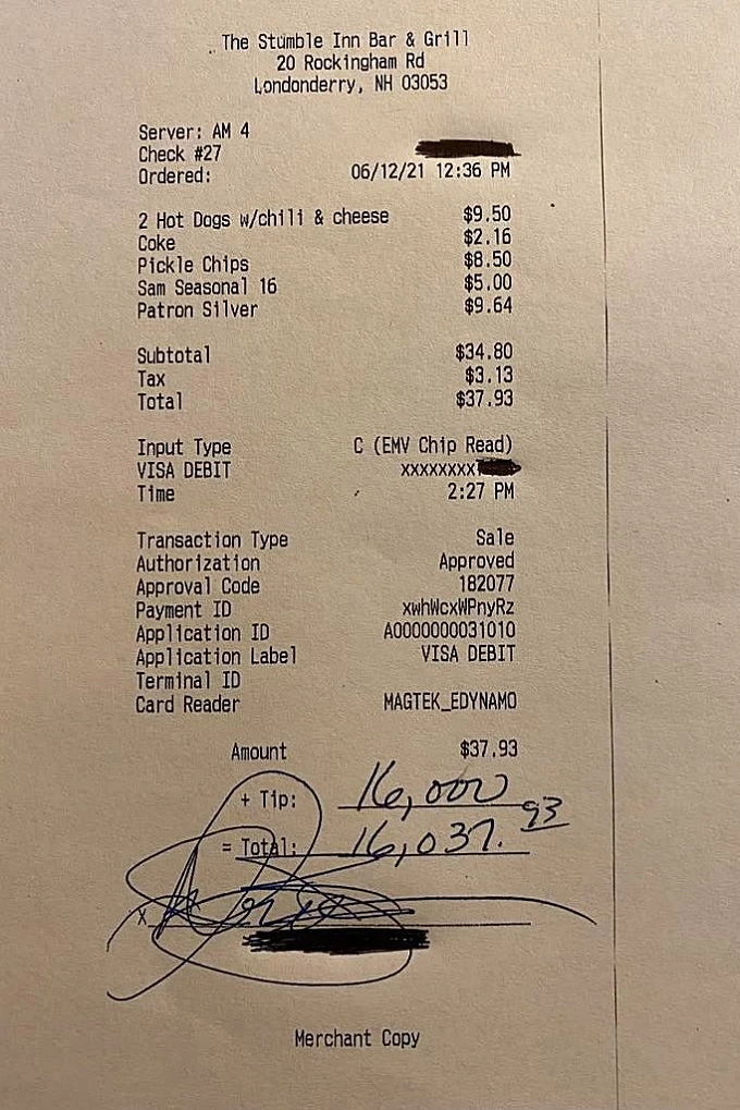 식당 주인 페이스북에 올라온 영수증