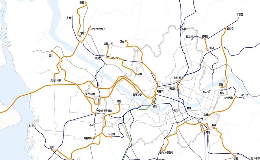 국토부 제4차 국가철도망 구축계획도(수도권) 본 노선도는 향후 추진과정에서 변동가능