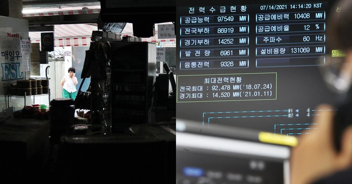 2011년 9월 15일 대정전 당시 한 가게의 모습(좌)와 전력수급상황을 점검하고 있는 한전 직원. /연합, 뉴스1