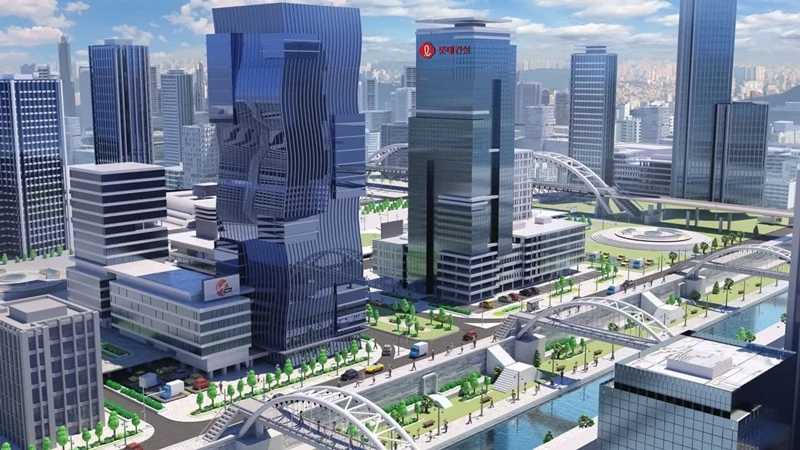 롯데건설이 직방 가상공간인 메타폴리스 내에 구현한 롯데건설 건물 이미지 / 롯데건설