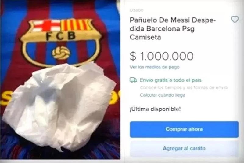 메시가 바르셀로나 고별 기자회견에서 눈물과 콧물 닦은 휴지가 100만 달러에 올라왔다. / 메르카도 리브레