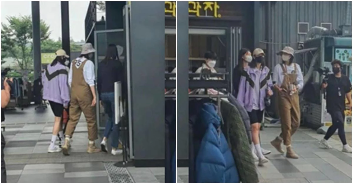 온라인 커뮤니티에 올라온 김연경의 사진. 갈색 멜빵 바지를 입고 있는 사람이 김연경이다. / 온라인 커뮤니티 캡처