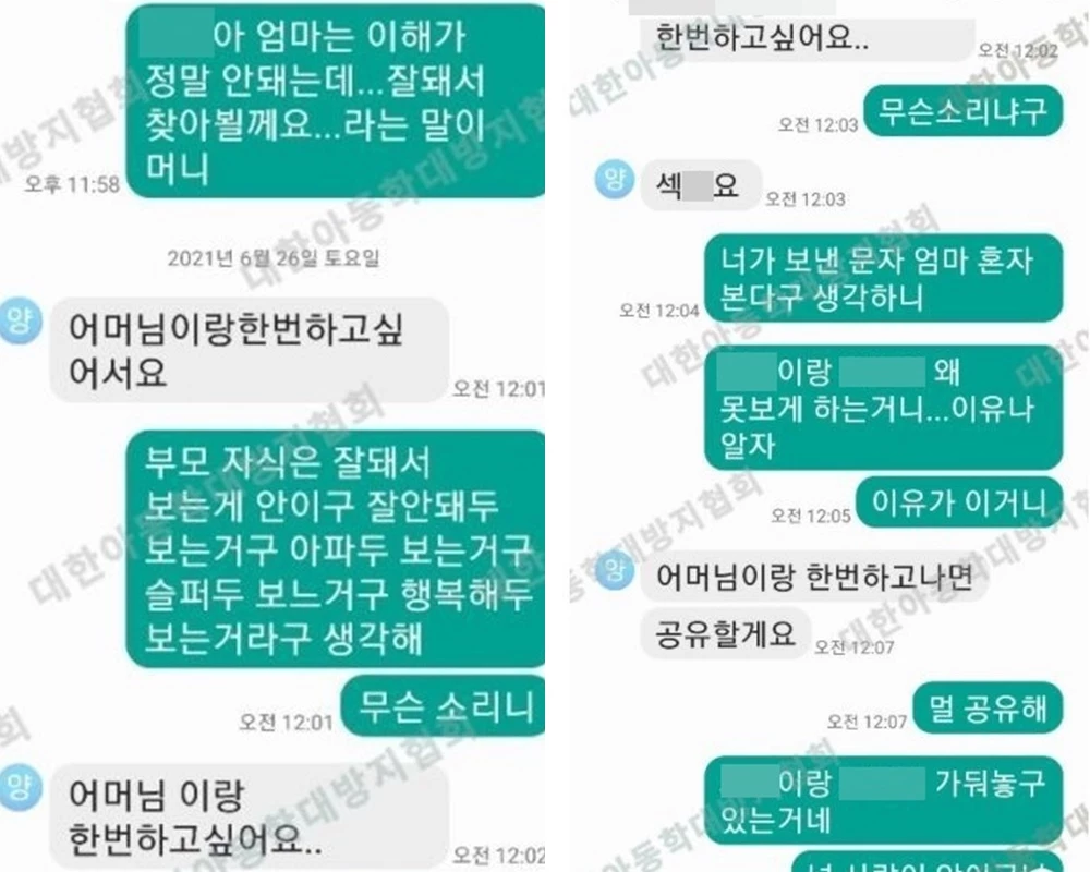 양씨가 A씨에게 성관계를 요구하는 문자 내용 / 대한아동학대방지협회