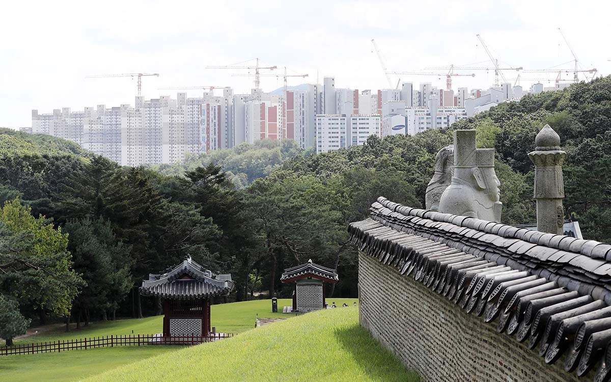 경기 김포시 풍무동 장릉(사적 제202호)에서 인천 서구 검단신도시에 짓고 있는 아파트 단지가 보이고 있다. / 뉴스1