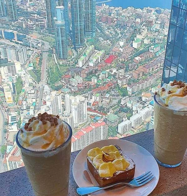 스타벅스 해운대 엑스더스카이점에서 창밖을 내려다 본 모습 / 이하 웃긴 대학, '세계에서 가장 높은 곳에 위치한 스타벅스' 글