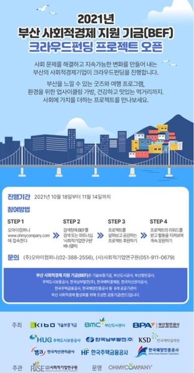 캠코 등 부산지역 9개 공공기관*이 '부산 사회적경제 지원 기금(BEF)' 을 활용해 사회적경제기업 지원을 위한 크라우드 펀딩과 온라인 프로모션을 추진한다. / 포스터제공=캠코