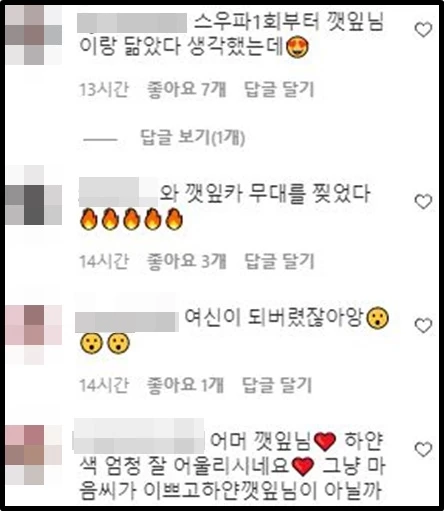 유깻잎 인스타그램 댓글창 캡처