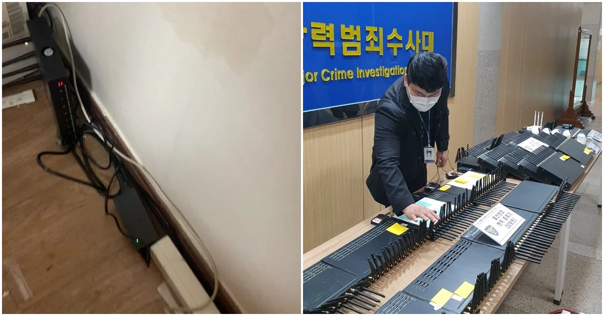 모텔에 설치된 변작 중계기와 경찰에 의해 압수된 변작 중계기.