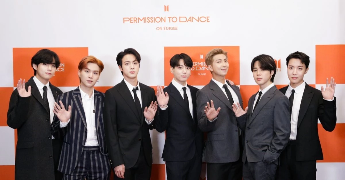 미국 LA 소파이 스타디움에서 열린 기자회견에 참석한 BTS 멤버 뷔, 슈가, 진, 정국, RM, 지민, 제이홉(왼쪽부터) / 빅히트 뮤직