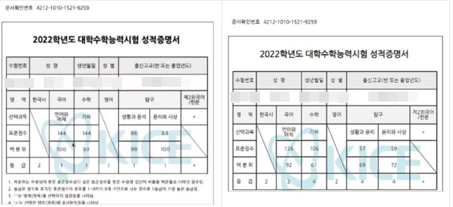 보현이 처음 공개한 1등급 성적표(좌) / 평가원에서 검증된 보현 성적표(우)