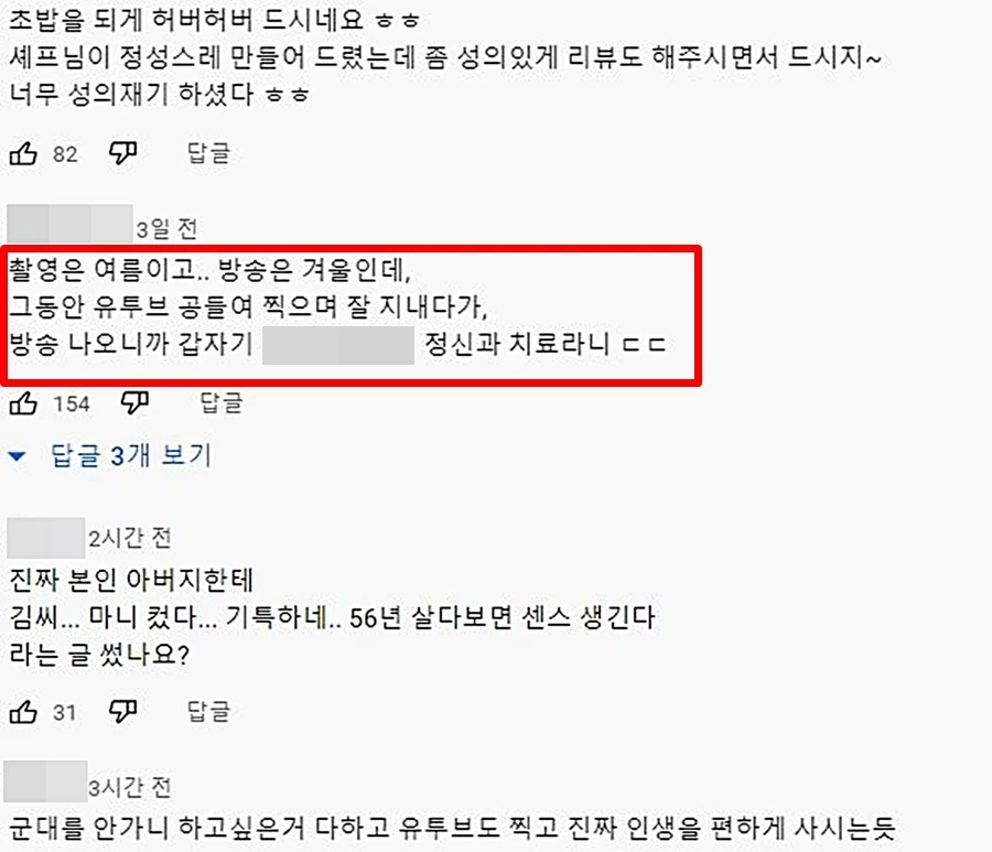 이하 유튜브 '예림쌤' 댓글 창