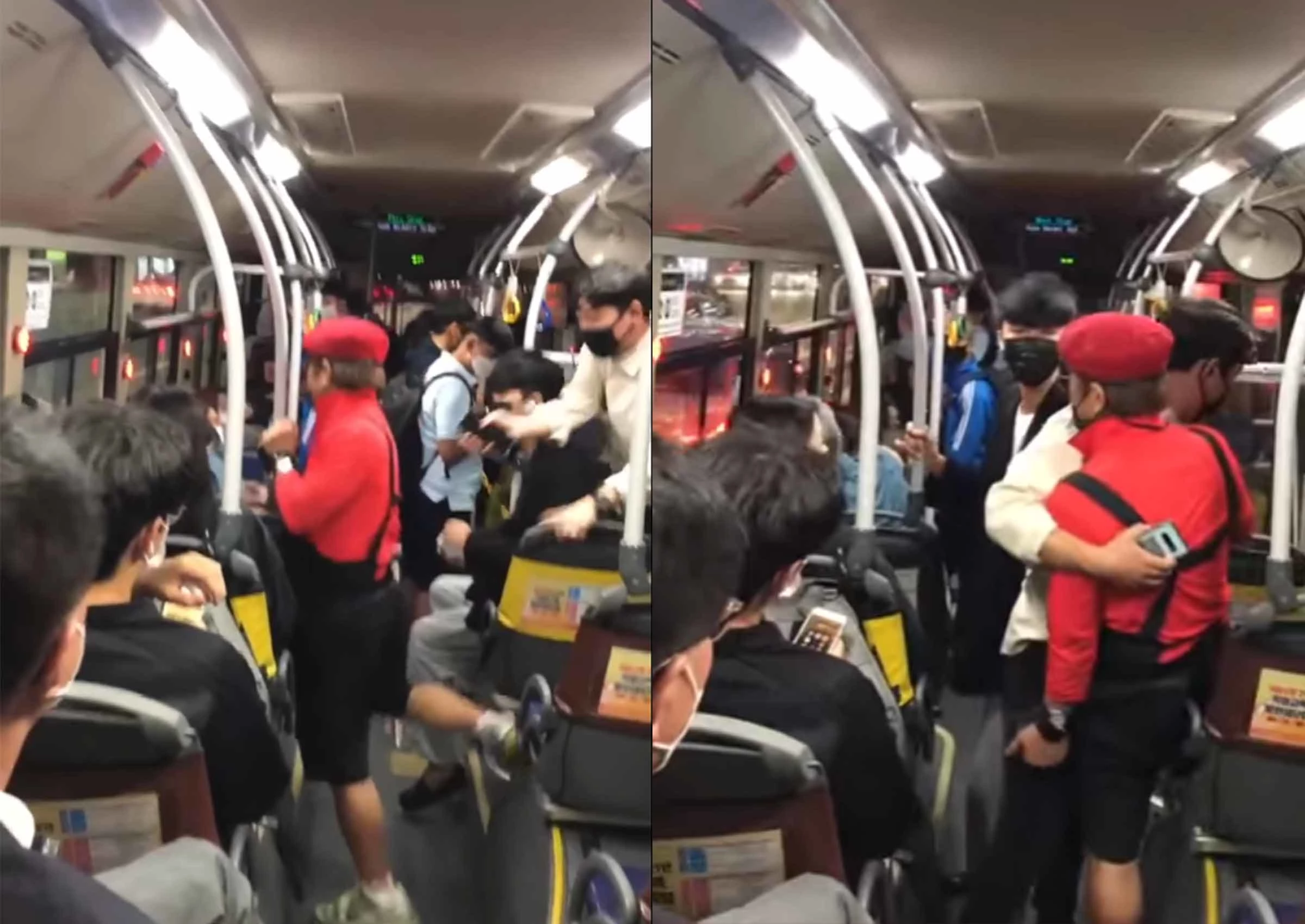 빨간 모자를 쓴 남성이 버스 안에서 다른 승객의 머리를 가격하자 탑승객들이 이를 제지하고 있다. / '전국대신전해드립니다' 페이스북 페이지에 올라온 영상을 캡처한 사진.