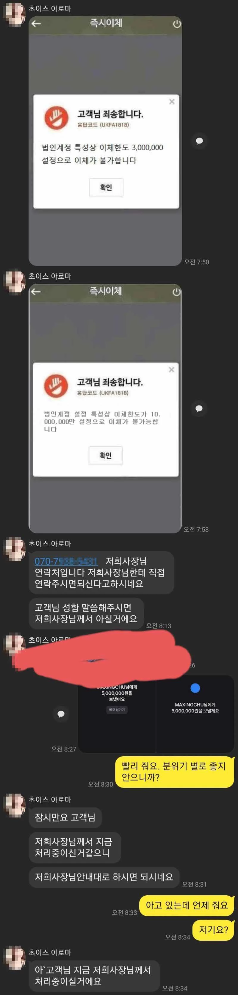 피해자와 사기꾼이 주고받은 카카오톡 메시지 / 사진=보배드림