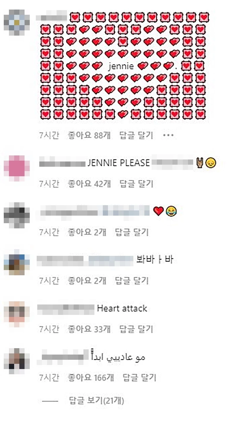 제니 인스타그램에 달린 네티즌 댓글