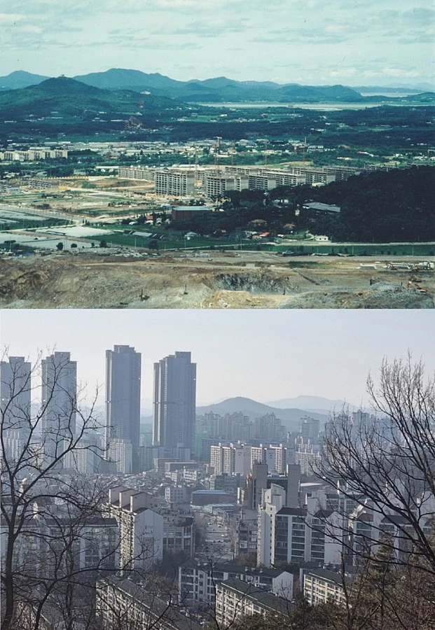 (위) 1990년대의 고양시 탄현동 일대 (아래) 현재의 고양시 탄현동 일대