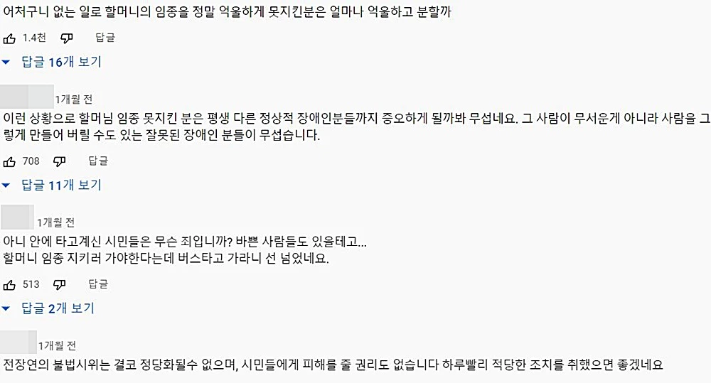 이하 유튜브 '대중교통 영상 공작소' 댓글 창