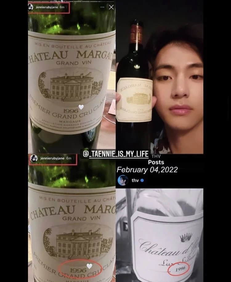 뷔가 인스타그램에 올린 와인병 사진. 라벨지에 적힌 1996에 하트 표시가 돼 있다. / 사진=트위터(@ILILIIIIILILII)